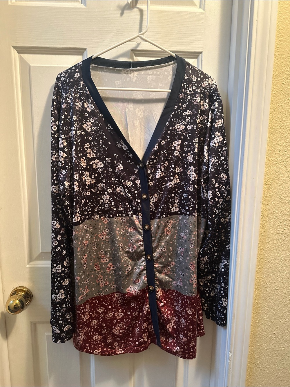 Floral Patchwork Button Cardigan - Navy, Gray & Burgundy